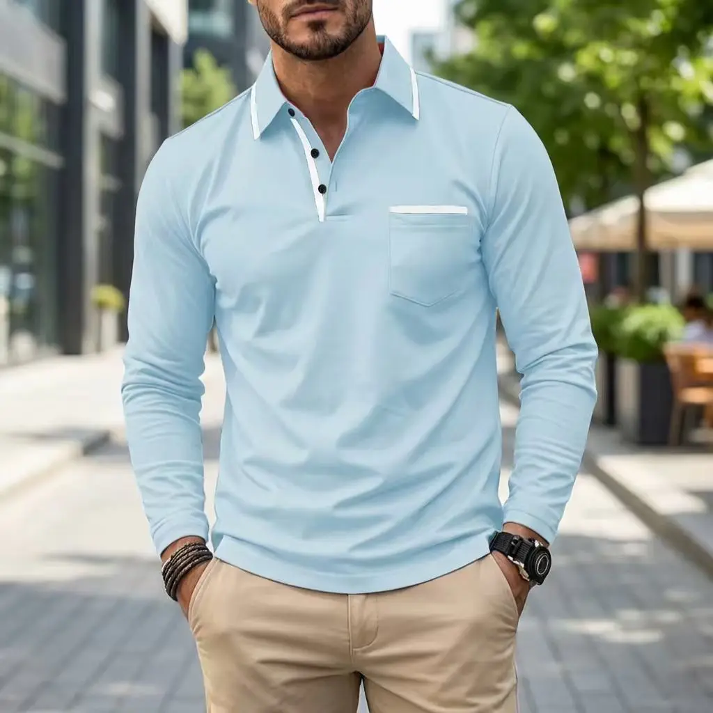 

Spring Autumn Men's Casual Classic Collar Pocket Solid Color Polo Shirt Outdoor Daily Long-Sleeved Shirt