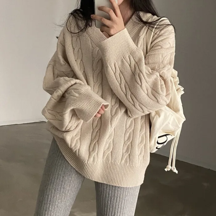 شيك المرأة محبوك سترة فضفاضة V-Ne الخريف الشتاء Thiened طويلة Sve بسيطة الملتوية مخطط تصميم رداء علوي غير رسمي