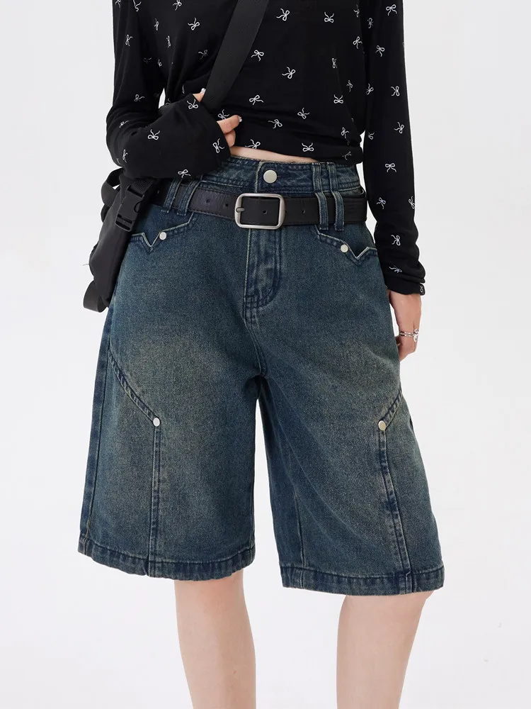 

GUUZYUVIZ American Retro Washed Loose Wide Leg Denim Short Pants Y2k Hotsweet Summer Casual Knee Length Jean Shorts Baggy