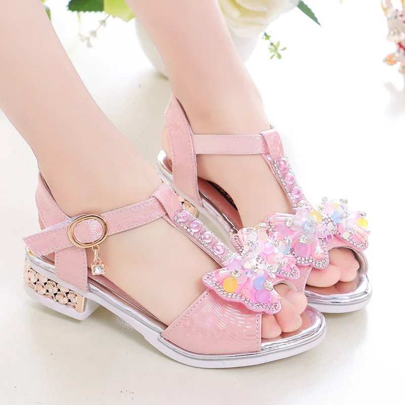 2022 Summer Rhinestone Sandals For Girls Shoes Kids Fashion Sequins Bow Pearls Children Flat Chaussure Fille Sandles Sandalias