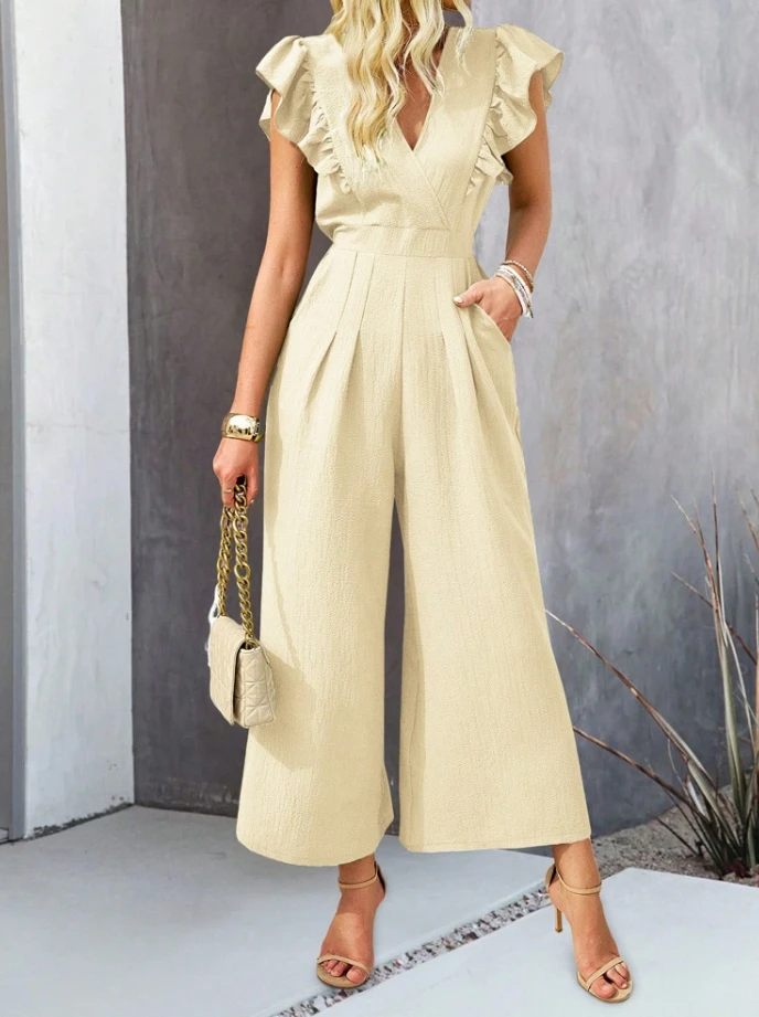 Women's Ruffle Solid Flying Sleeve Jumpsuit Temperament Commuting Female Clothes New Fashion Women Elegant High Waist Jumpsuits