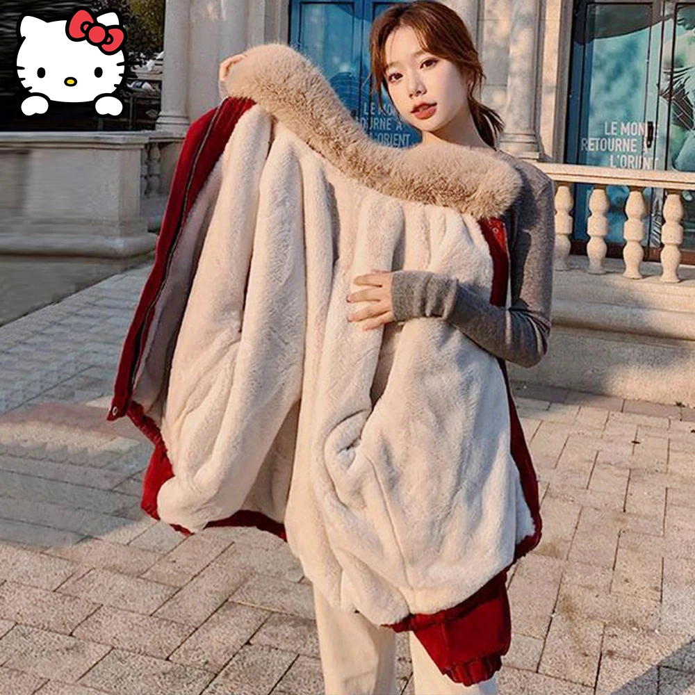 Winter Hello Kitty Kuromi Women Parker Thicken Cotton Clothes Sanrioed Anime Kawaii Coat Warm Tops Student Leisure Loose Soft