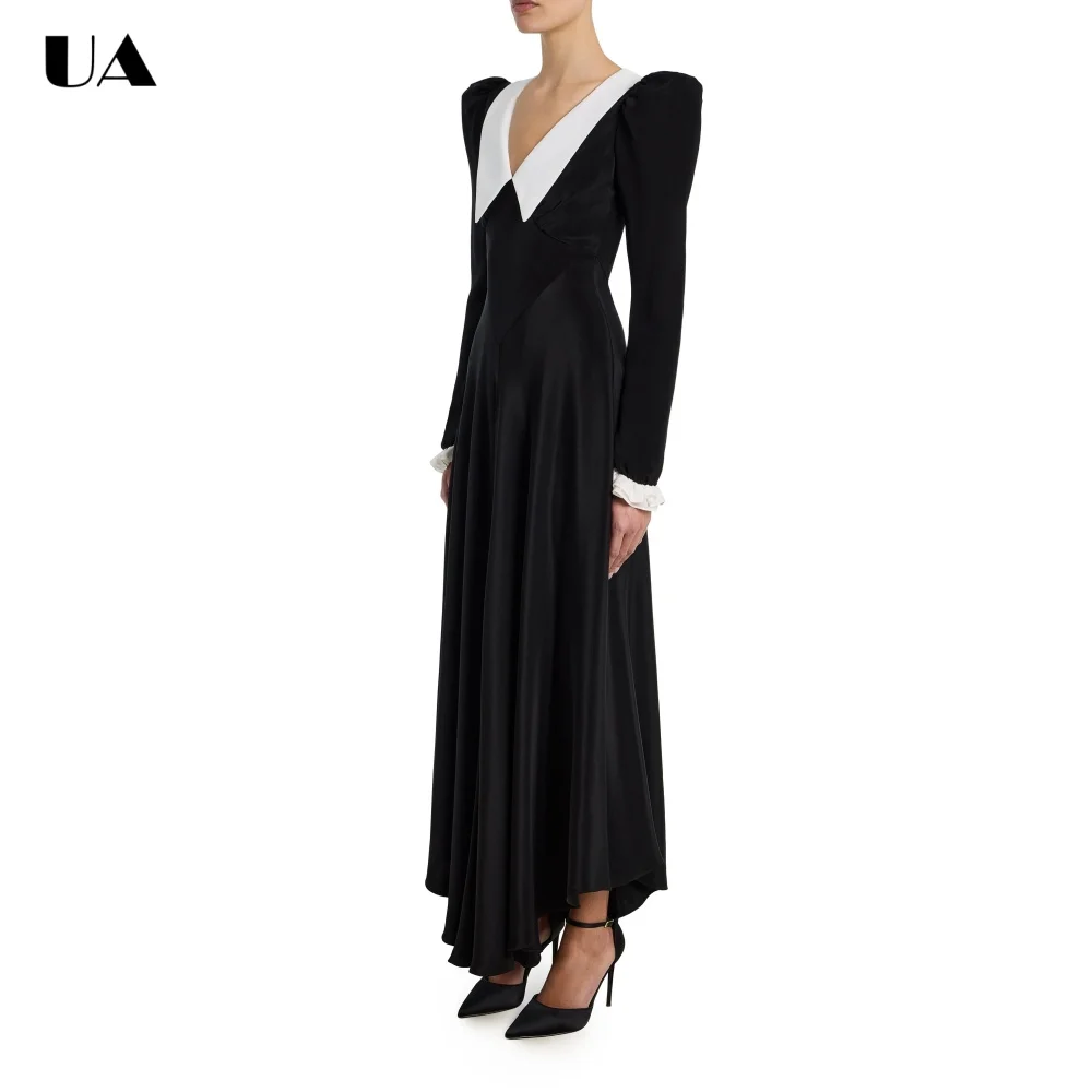 ULBYANRY Custom Long Sleeve Slim Fit Long Dress for Women Elegant Satin Tea Dress with Ruffled Cuff Classy Wedding Guest Dress