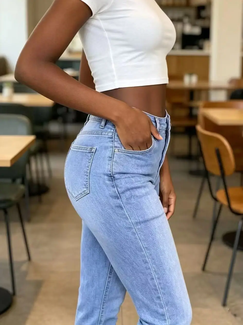 Women Spring Autumn Light Blue High Waist Straight Jeans Stretch Slim Fit Cropped Casual Pants