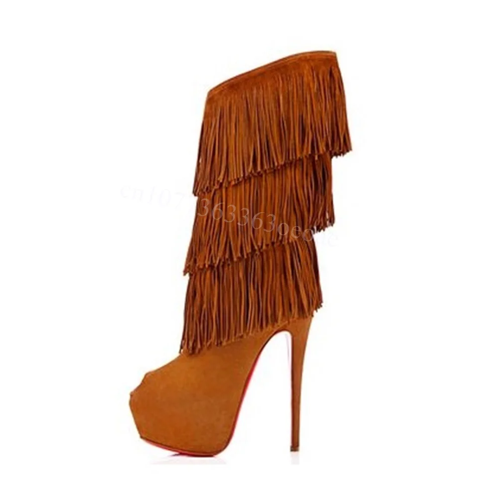 

Suede Peep Toe Platform Boots Tassels Decor Knee High Shoes for Women Thin High Heels Sexy Shoes 2024 Zapatos Para Mujere