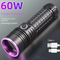 60W 365NM UV Flashlight High Power Type-c Recharge Portable Waterproof 26650 UV Torch Lintern Ultravioleta LED Black Light