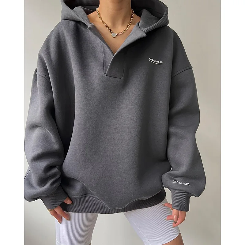 2024 European And American New Plush Hooded Printed Long Sleeved Hoodie Fashion Versatile V-neck Sweater Top