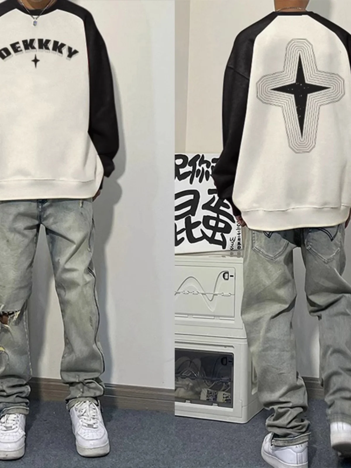 

Large Size 300 Pou Star Letter oulder Sve Hoodie Men's Faion Casual Patchwork Color Blo Top Autumn Wear