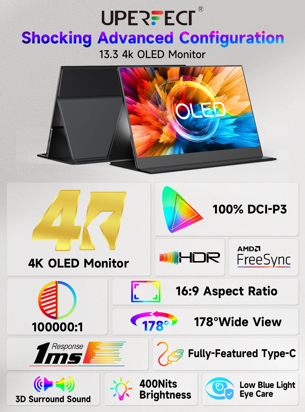 UPERFECT 13.3インチ 4K OLEDモニター 3840*2160 400cd/m² 16:9 100