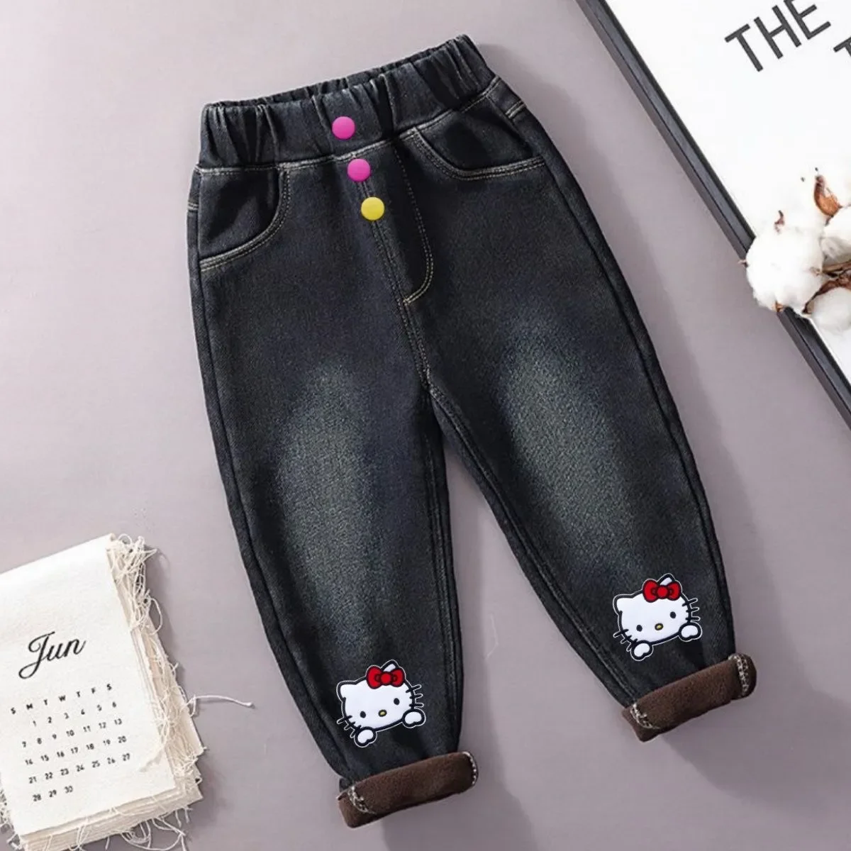 Baby Girls Winter Warm Jeans 2024 Sanrio Hello Kitty Print Kids Plush Thicken Waist Elastic Pants Children's Clothing Trousers