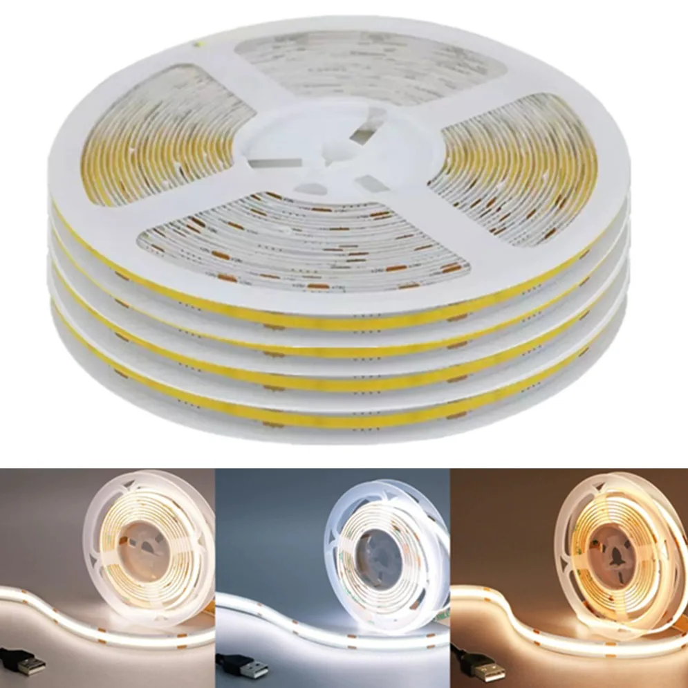 Tira de luces Led COB USB de 5V, luz cálida/luz neutra/blanco frío, cinta Flexible de 320 Led, lámpara de noche CC, retroiluminación de TV, decoración del hogar