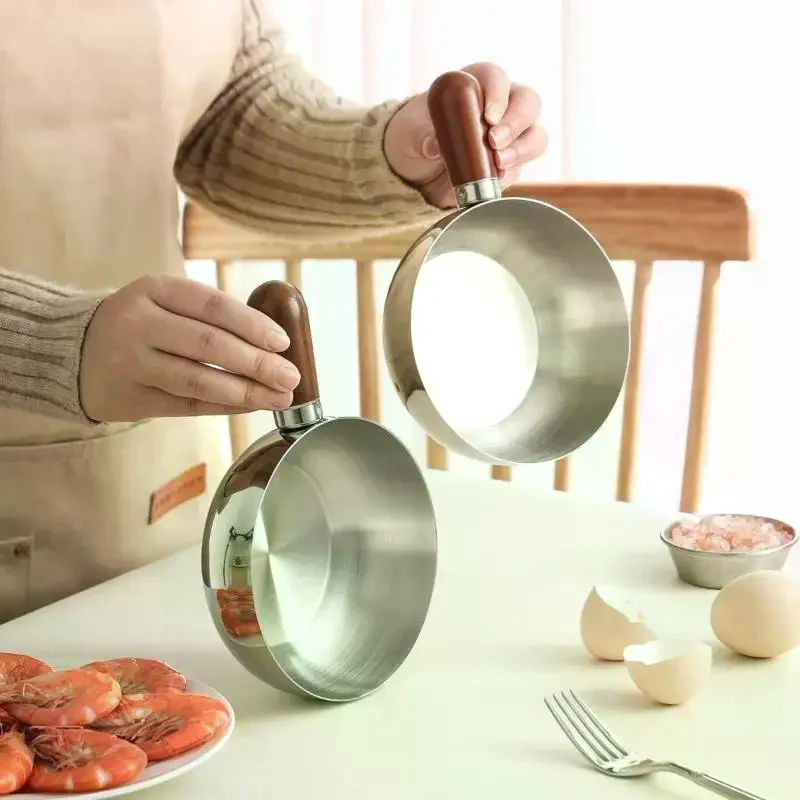 Single-person Pot Stainless Steel Bowl Walnut Wood Handle Fruit Salad Yogurt Bowl Breakfast Cooking Tool Kitchen Restaurant