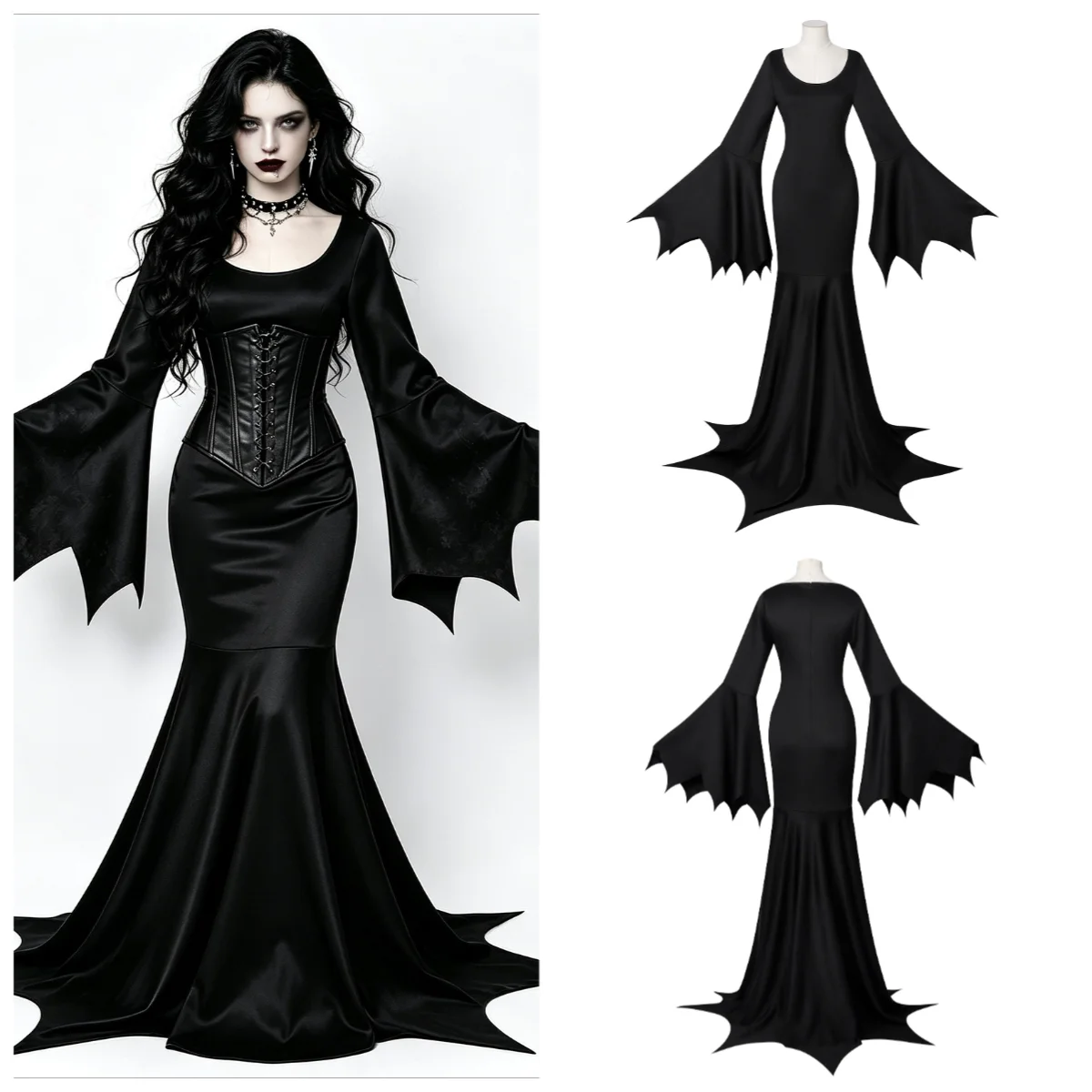 Damen Gothic Vampir Bodenlange Kleider Halloween-Party Rollenspiel-Kostüm Vintage Dunkler Stil Maxikleid für Karneval