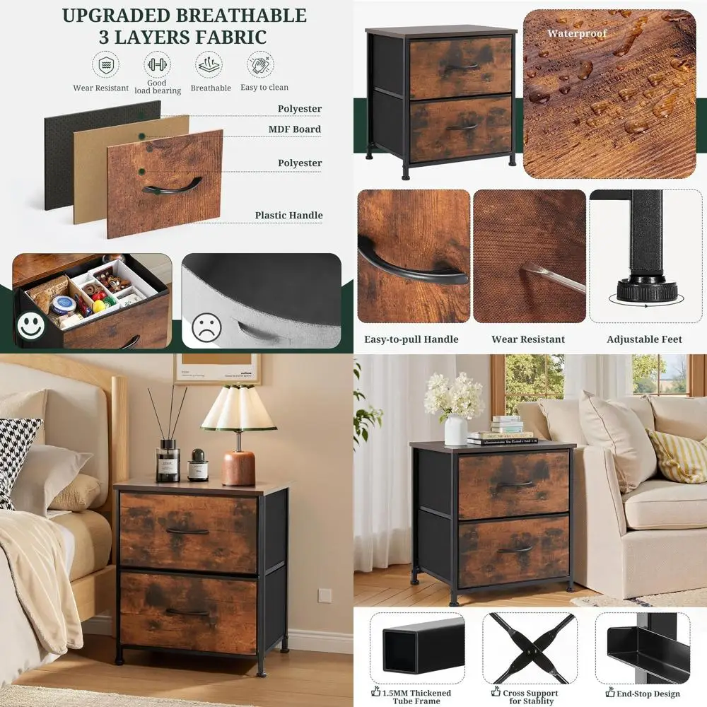 

Compact Wooden Nightstand with Fabric Bins, 11.8x18x20, Brown, for Bedroom, Dorm, Entryway