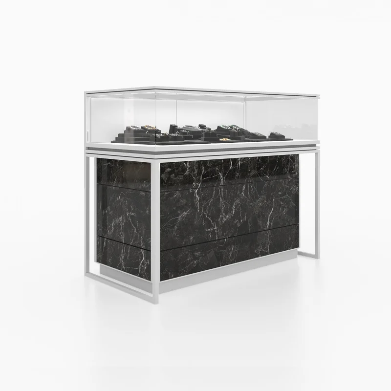 

Custom. store marble counter top wood glass custom jewelry showcase display cabinet led spot light