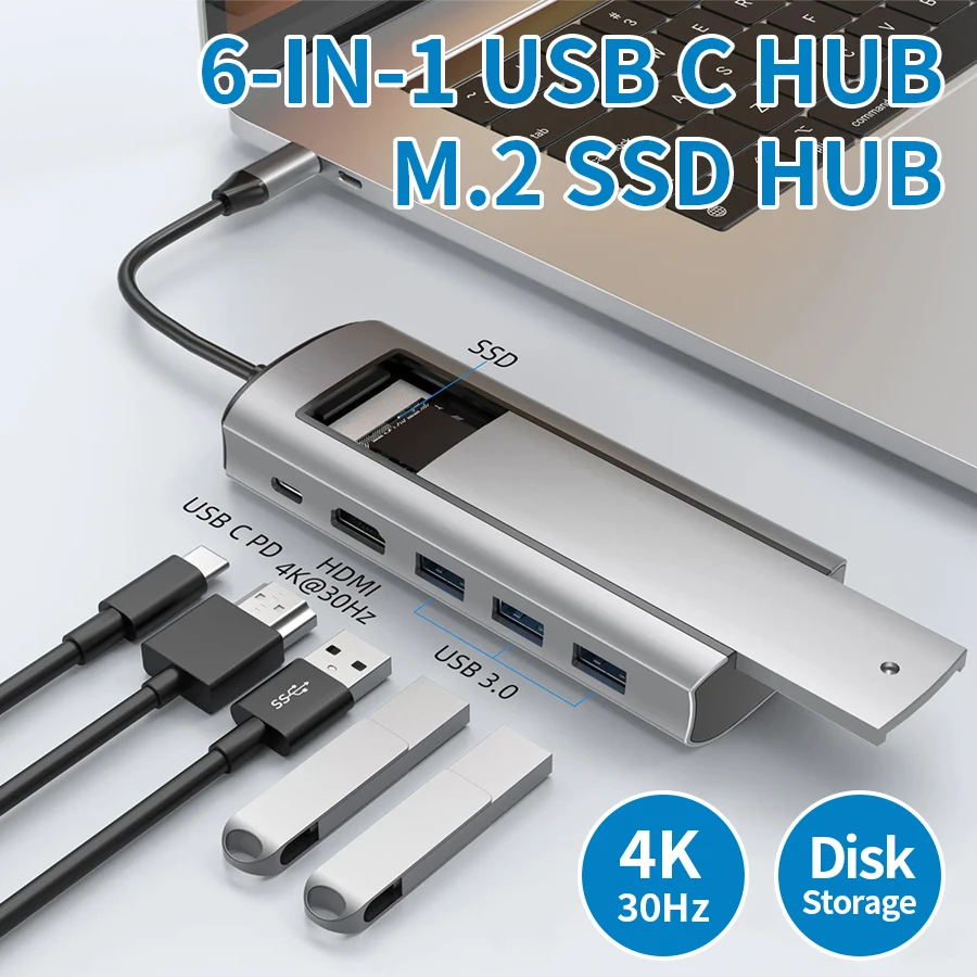 

6 in 1 USB C HUB M.2 SSD HUB Dock Station with Disk Storage Function USB 3.0 Type C to HDMI-Compatible Laptop For Macbook Laptop
