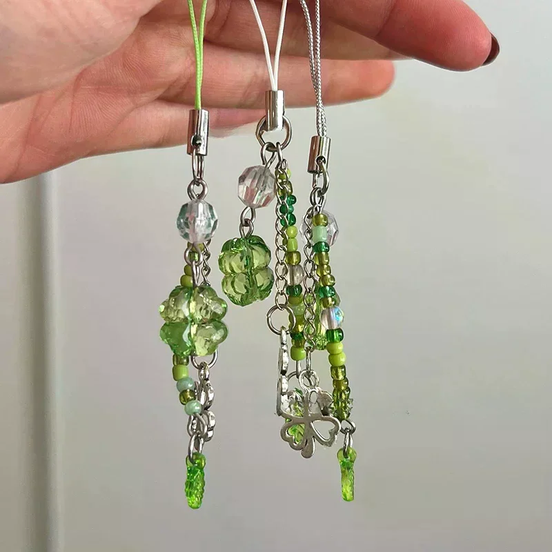 Colorful Keyring with CCD Pendant, Handcrafted Beaded Clover Phone Chain Cellphone Ornament.
