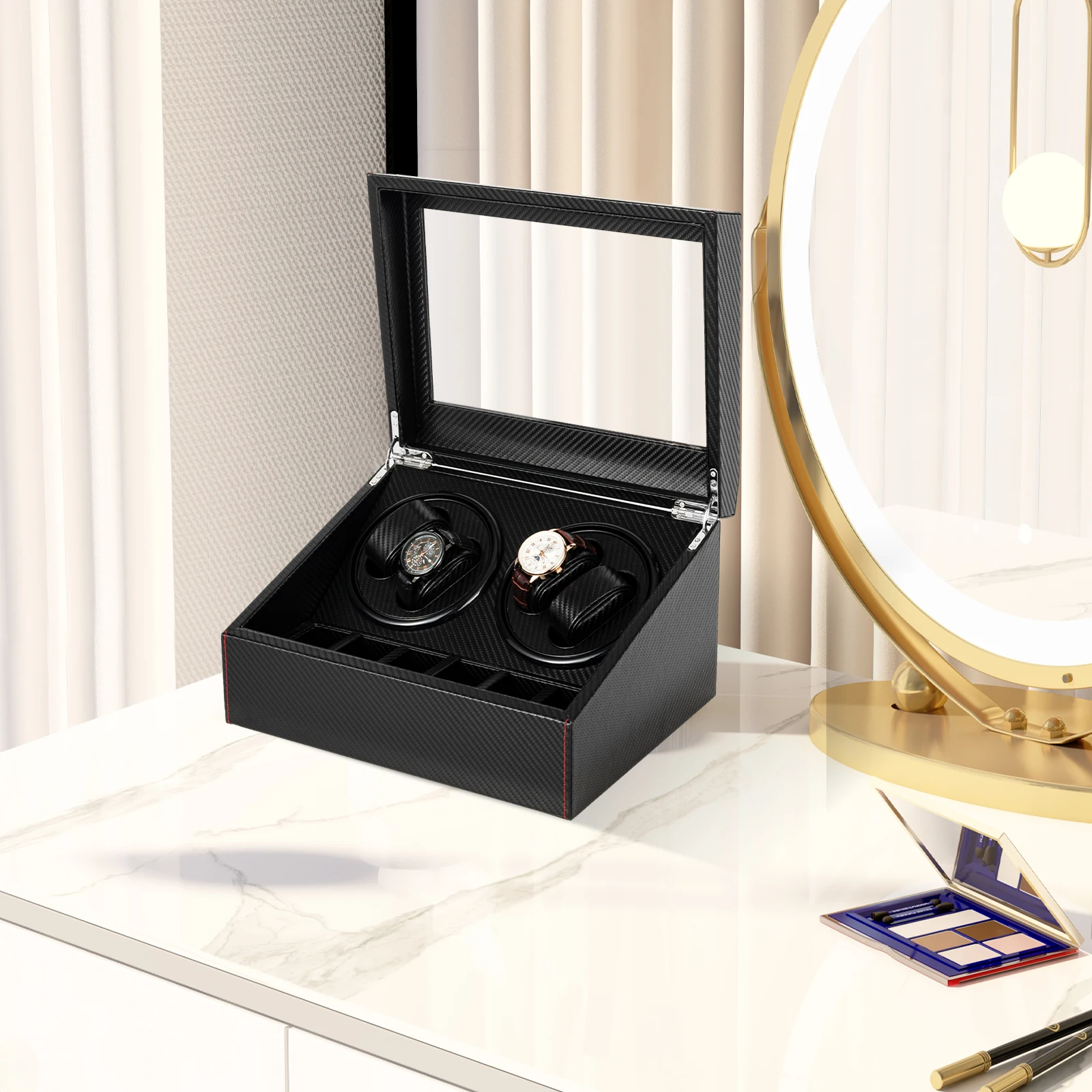 

Watch Winder Box with Silent Bidirectional Motor & Carbon Fiber PU Leather, 4 Rotating +6 Storage Compartments for Men/Women