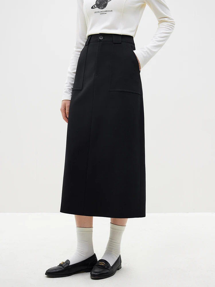 FSLE High Waist Black Commuter A-LINE Skirts Pocket Decoration Office Lady Long Solid 2023 Winter Twill Skirts