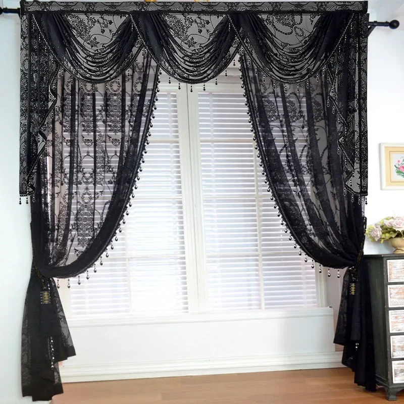 Black Ruffled Lace Sheer Curtains for Kitchen Farmhouse Crystal Beads Mesh Wedding Background Jacquard Floral Window Drapes