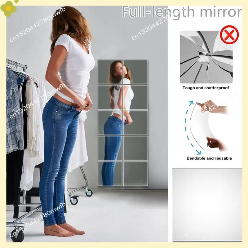 LDHL 4 Pieces Self Adhesive Non-Glass Mirror Slim Flexible DIY Wall Decoration Mirror For Family Bedroom Closet Bathroom Durable