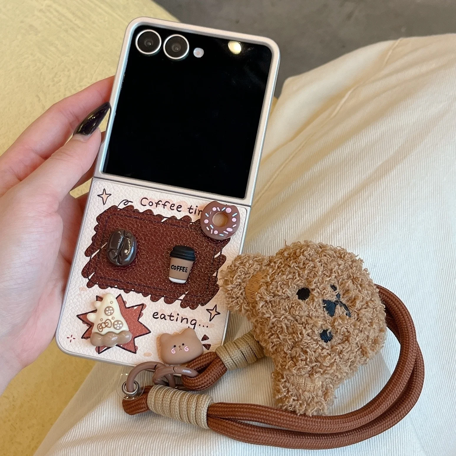 Cute Coffee Doughnut Case For Samsung Galaxy Z Flip 7 Bear Wrist Strap Cover For Samsung Z Flip 6 ZFlip5 ZFlip4 3 Leather Cases
