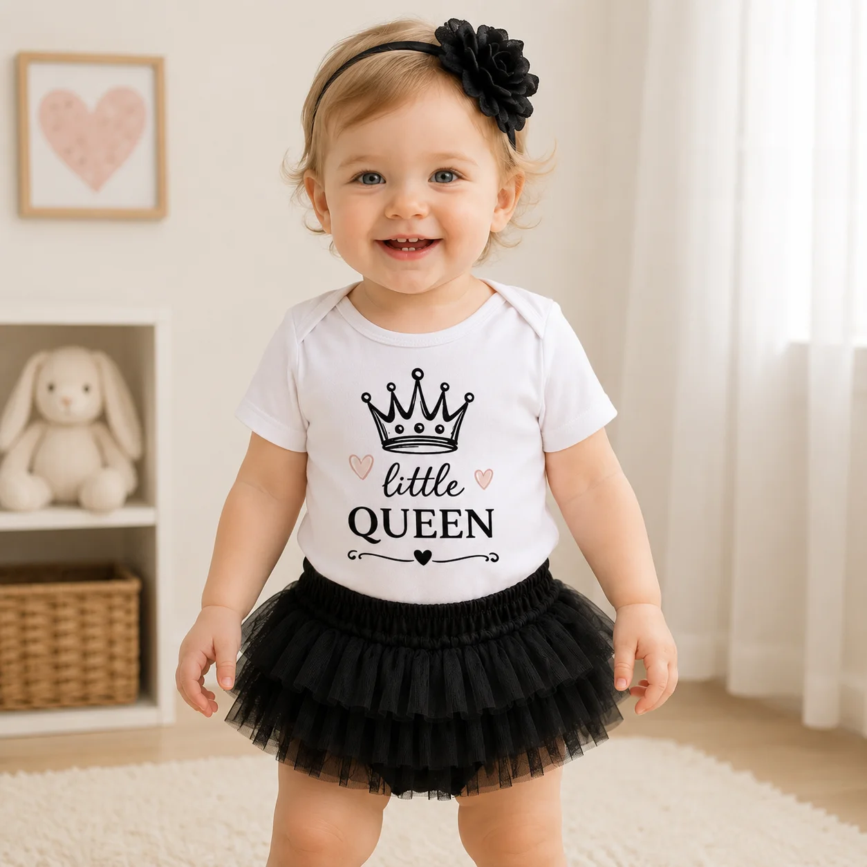 

Baby Girls 3Pcs Outfit Little Queen Crown Print Short Sleeve Bodysuit Black Ruffle Tutu Bloomers Flower Headband Newborn Infant