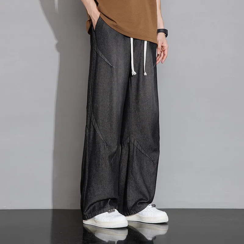 M-8XL Wide Leg Ice Silk Jeans for Men Thin Style Summer Loose Straight Tube Drop Feeling Ultra Thin Plus Large Size Men's Wear
