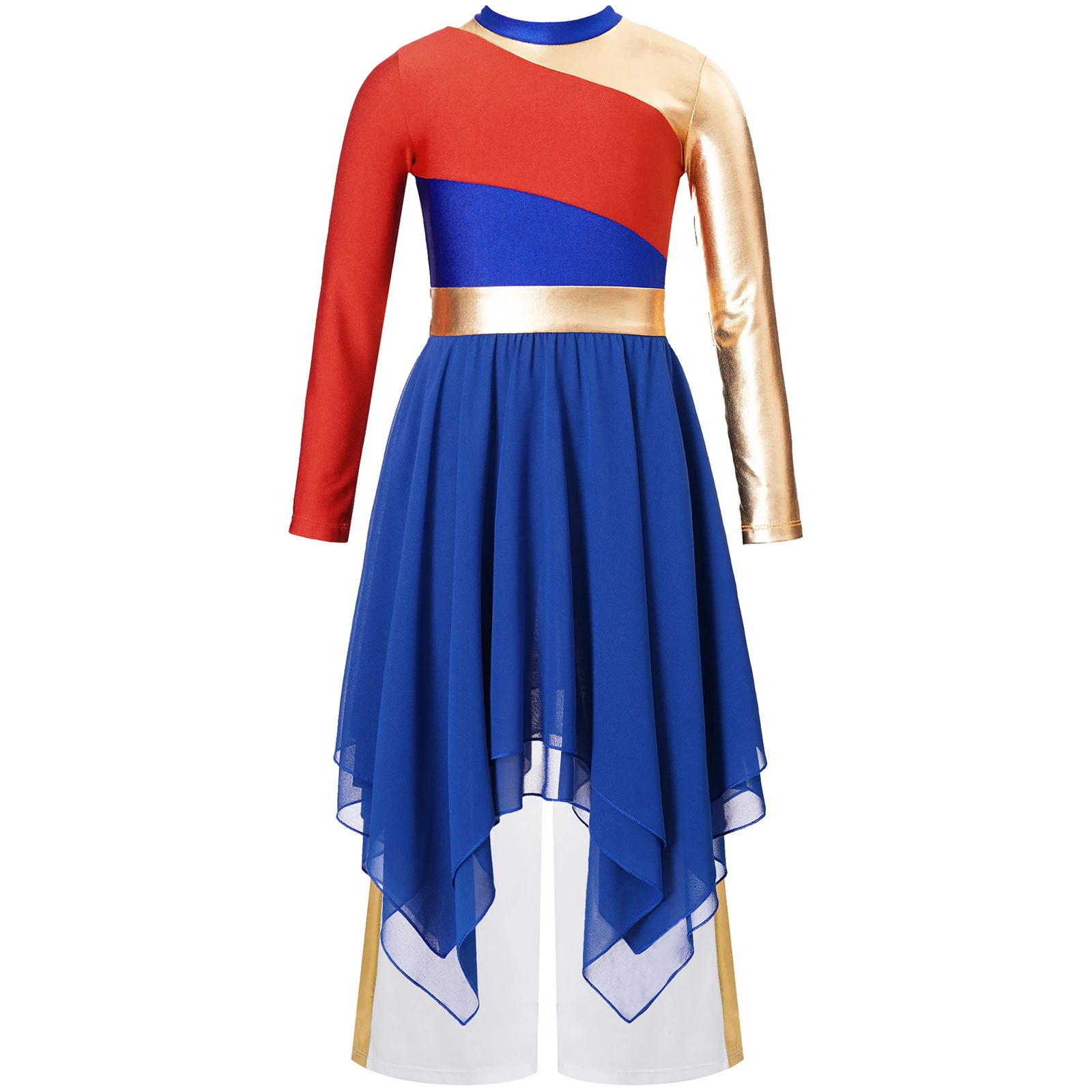 ชุดเดรสเด็กผู้หญิงแขนยาวผ้าชีฟองทรงโมเดิร์นพร้อมกางเกงขายาวทรงกว้าง สำหรับงานดนตรีประสานเสียงในโบสถ์ ชุดแสดงการสรรเสริญและบูชาพระเจ้า