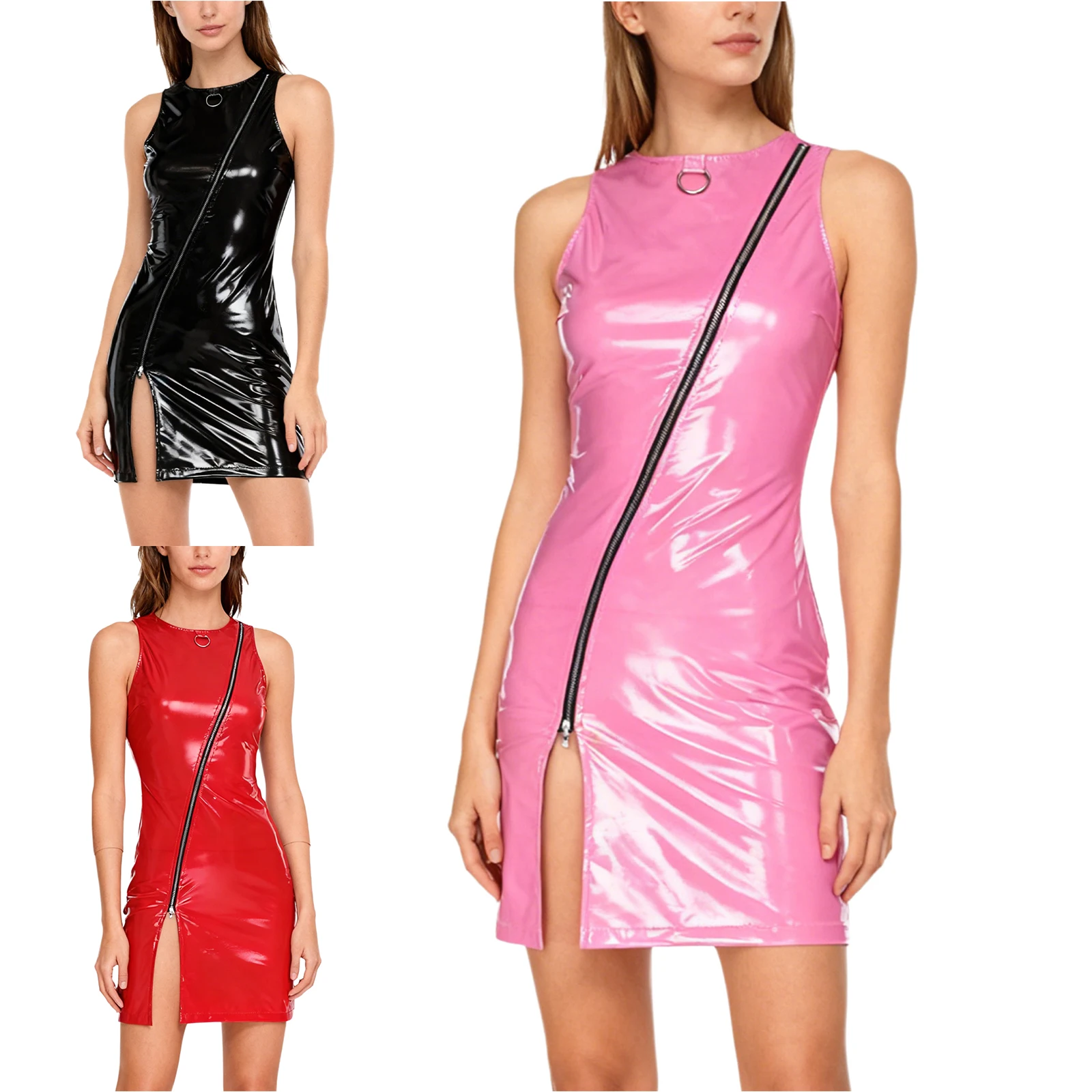 

Women PVC Leather Bodycon Front Zipper Dress Wet Look Latex Catsuit Sexy Clubwear Sleeveless Mini Dress Raves Party Costumes