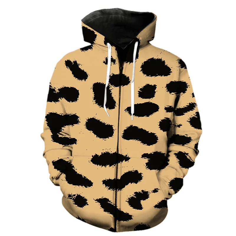 3d Print Leopard Zipper Hoodie For Men Fashion Harajuku Animal Fur Texture Long Sleeve Hoodies Streetwear Hip Hop Sweatshirts