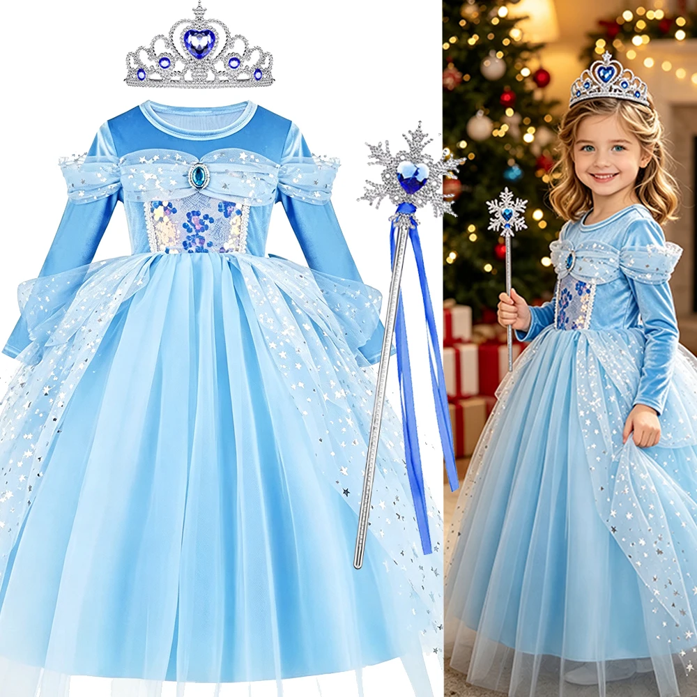 Mädchen Cinderella Blaues Pailletten-Prinzessinnenkleid mit Langen Ärmeln, Krone, Halskette und Komplettem Zubehör-Set als Geburtstagsgeschenk für Kinder – Detail 2