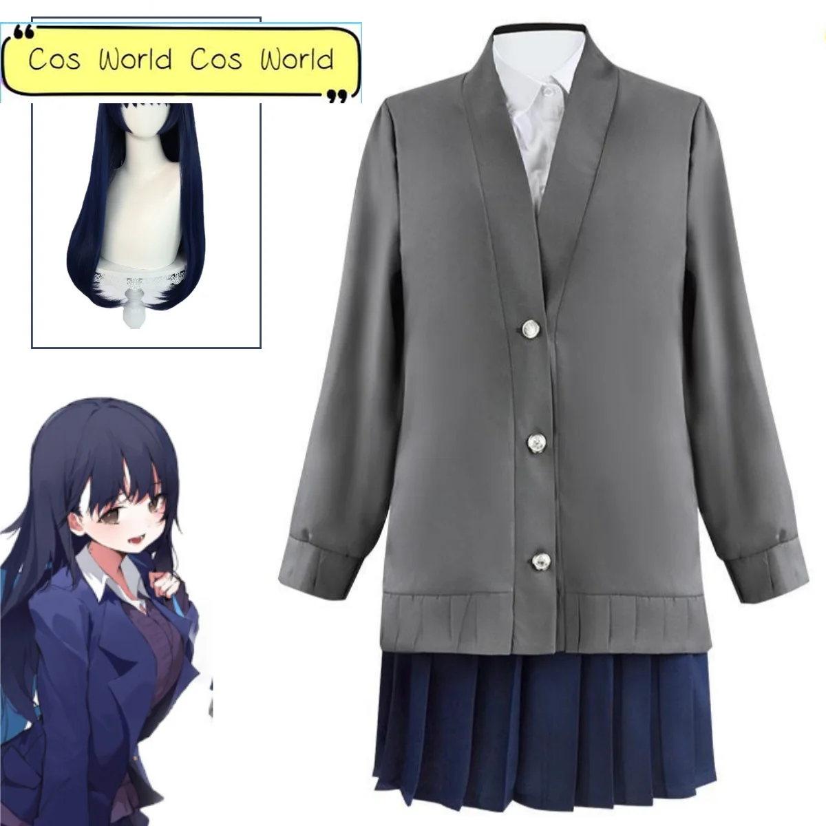 

Yamada Anna Cosplay Costume Wig Anime The Dangers in My Heart Blue Skirt Dress Jacket School Jk Uniform Halloween Party Clothes