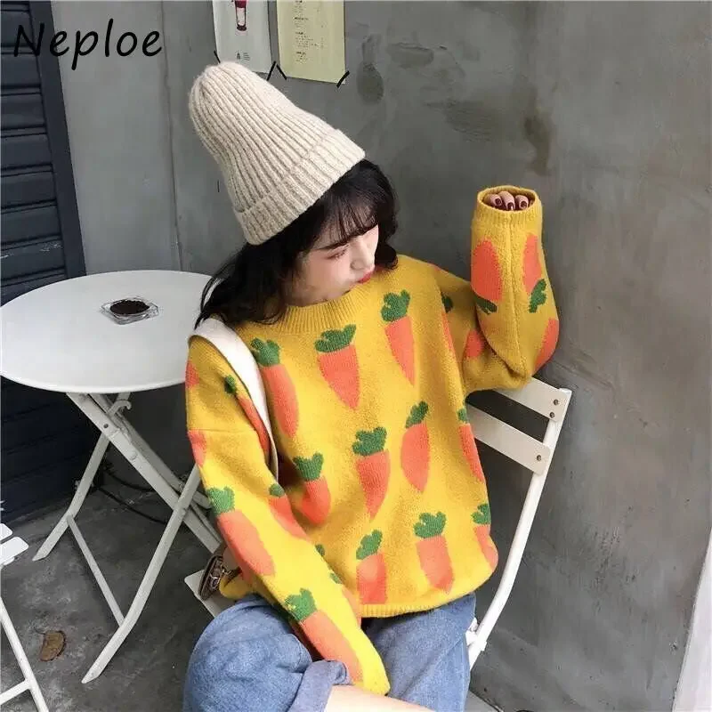 Neploe Women Oversized Sweater Pullovers O-neck Strawberry Pattern Printed Pull Jumpers Long Sleeve Street Knit Tops 1E786