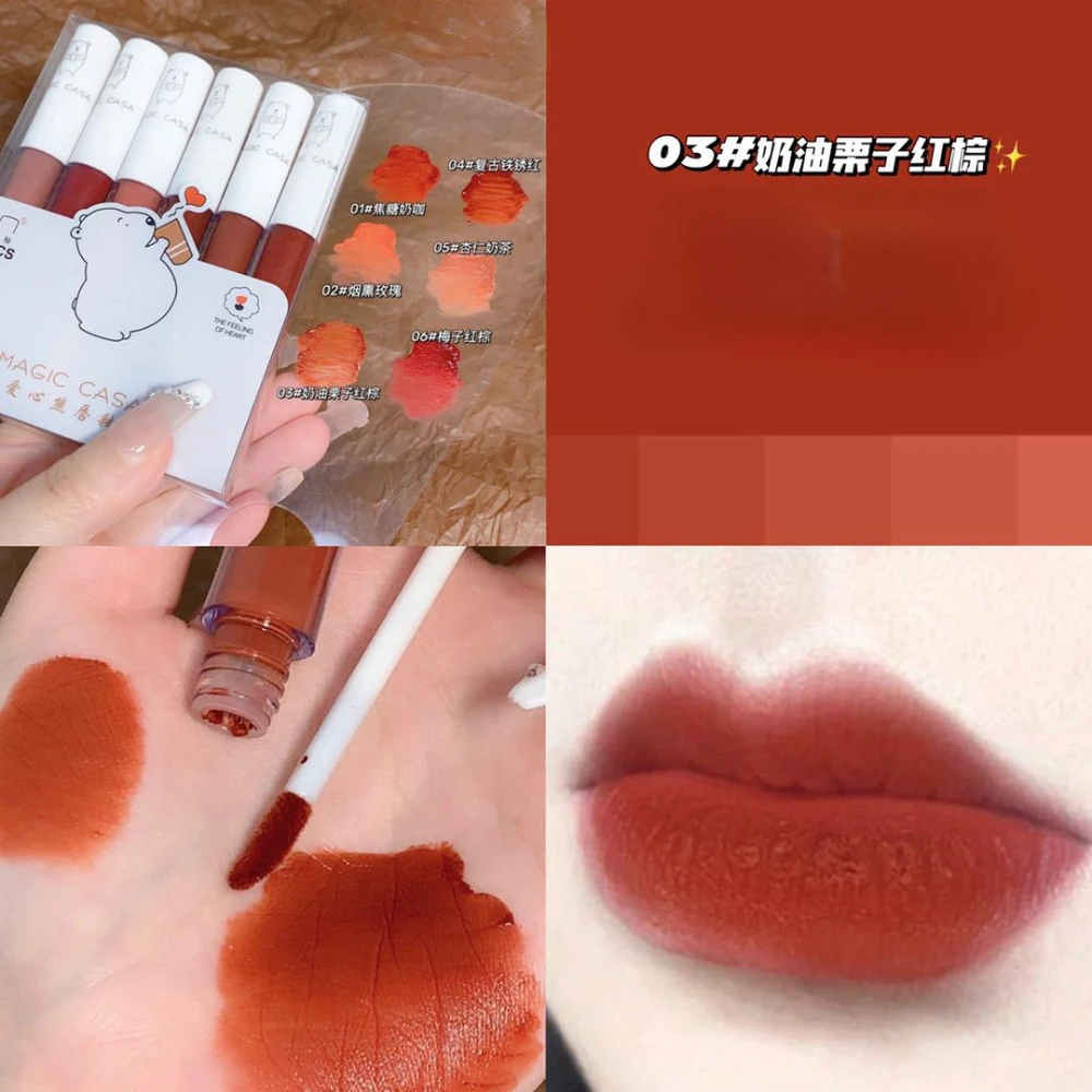 6pcc/set Velvet Matte Lipstick Lip Tint Mud Set Moisturizing Cosmetics Love Bear Lip Glaze Lip Stick Lip Gloss Lip Tint Mud