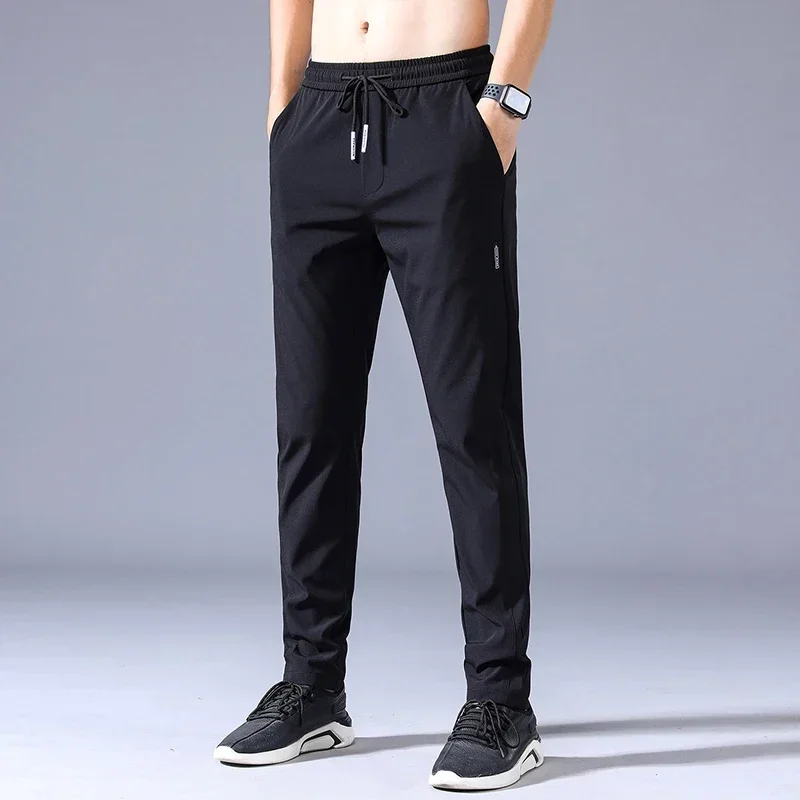 Summer Men\'s Casual Pants Thin Soft Elasticity Lace-up Waist Solid Color Pocket Applique Korea Grey Black Work Trousers Male