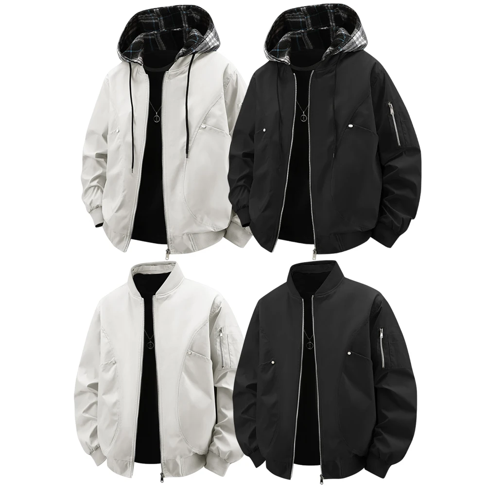 

Men's fashionable baseball collar jacket, multi-functional checkered cap detachable jacket, men's plus-size flight jacket