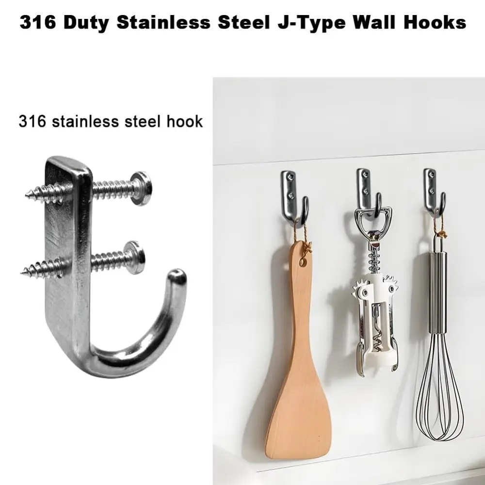2pcs Heavy Duty 316 Stainless Steel Wall Hooks Screw Mount Rust Proof J-Type Hooks Corrosion Resistant Wall Hanger Home