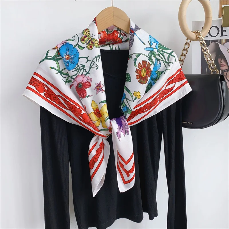 2024 Spain Fashion Garden Floral Square Silk Scarf Women High Quality Print Satin Shawls and Wraps Bufandas Muslim Hijab 90*90Cm