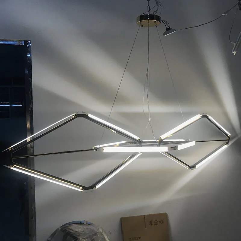 Luxury Geometric Diamond LED Pendant Light Modern Linear Gold Frame Chandelier Adjustable Hanging Lamp for Kitchen Island