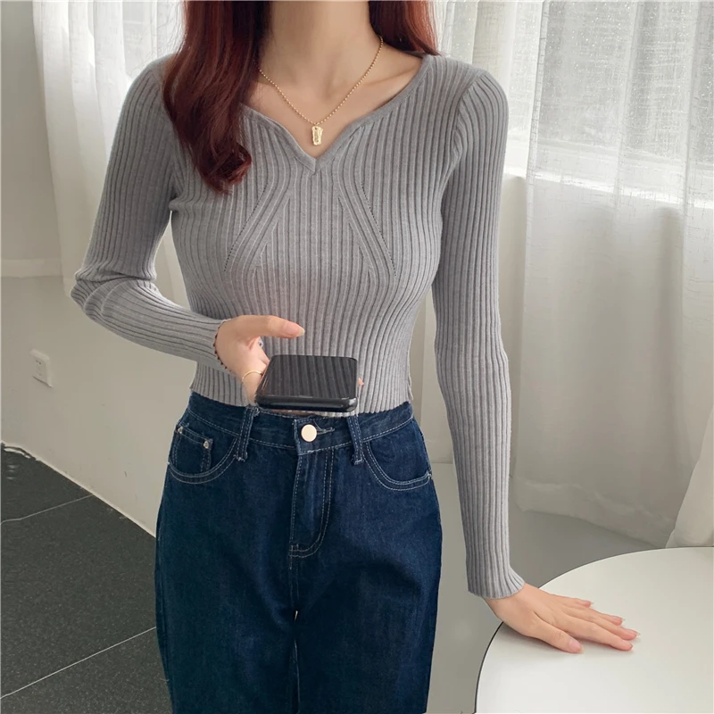 Rib Knit Sweater for Women Pullovers Fitted Sweetheart Neckline Long Sleeve Plain Jumper Teen-girl Fall Winter Basic Outfit