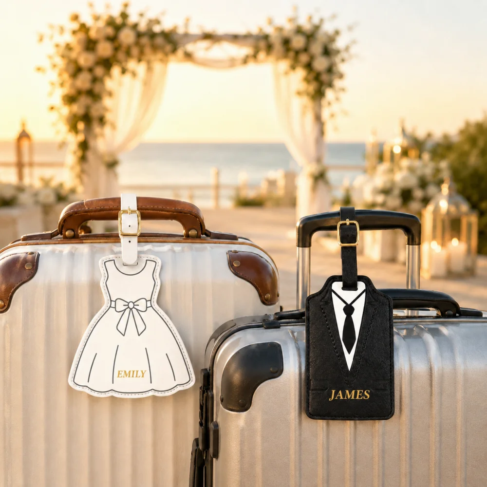Personalized Name Laser Etched PU Luggage Tag Set, Wedding Bride & Groom Suit Dress Travel Baggage Label for Couple Gift
