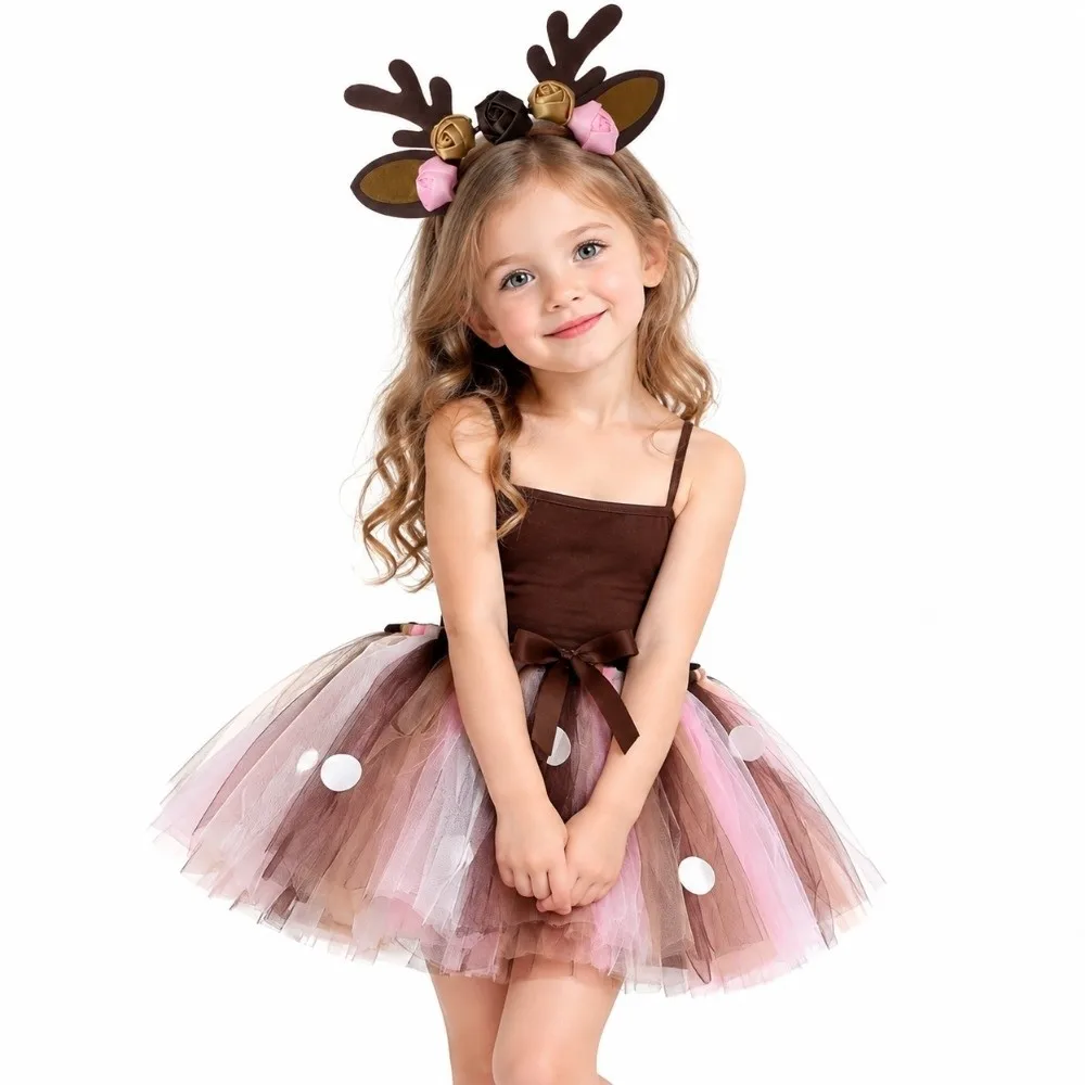 Cute Christmas Costume Reindeer Tulle Skirt Fluffy Brown Deer Girl Tutu Skirt With Hairband Tutu Dress Children
