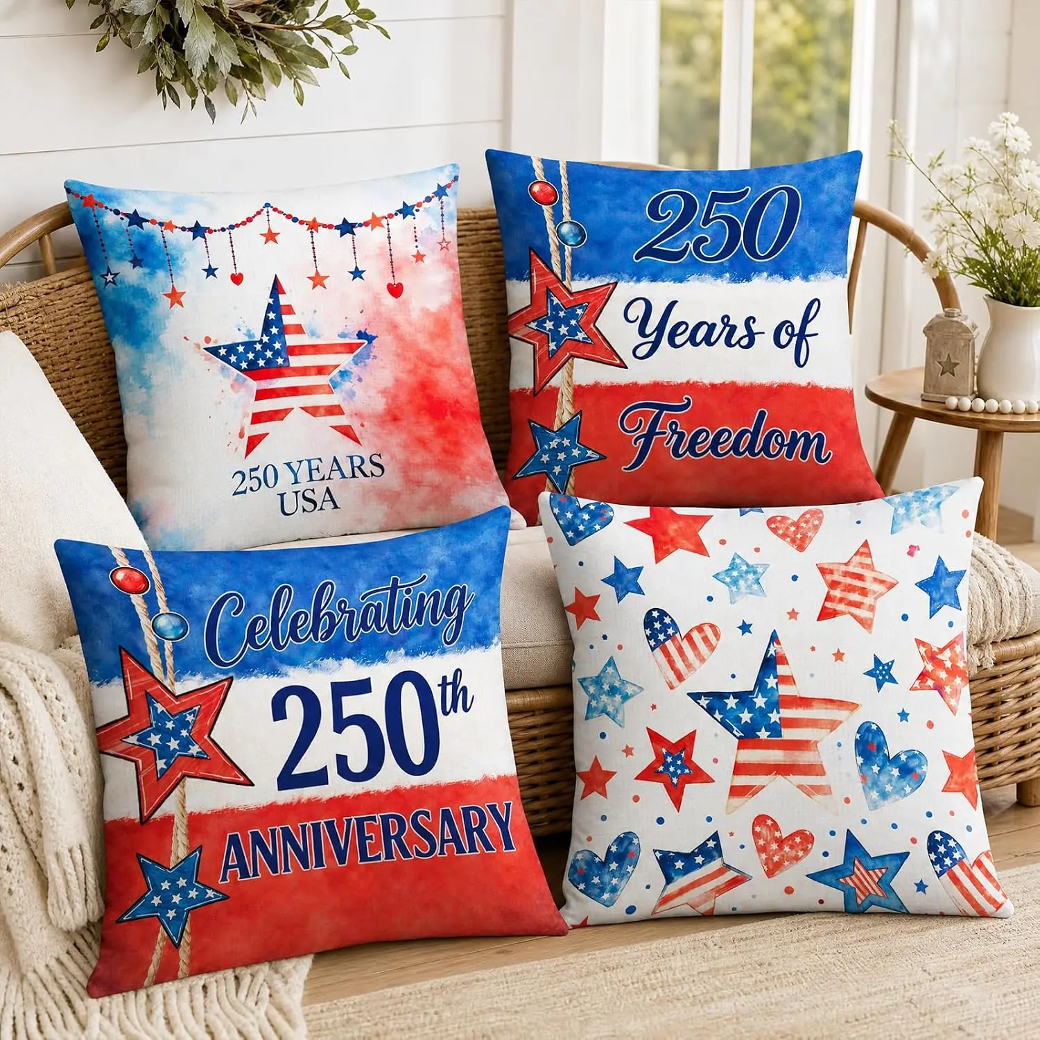 4PCS USA Patriotic Flag Pillow Covers 250th Anniversary American Stars Stripes Cushion Throw Set Home Decor