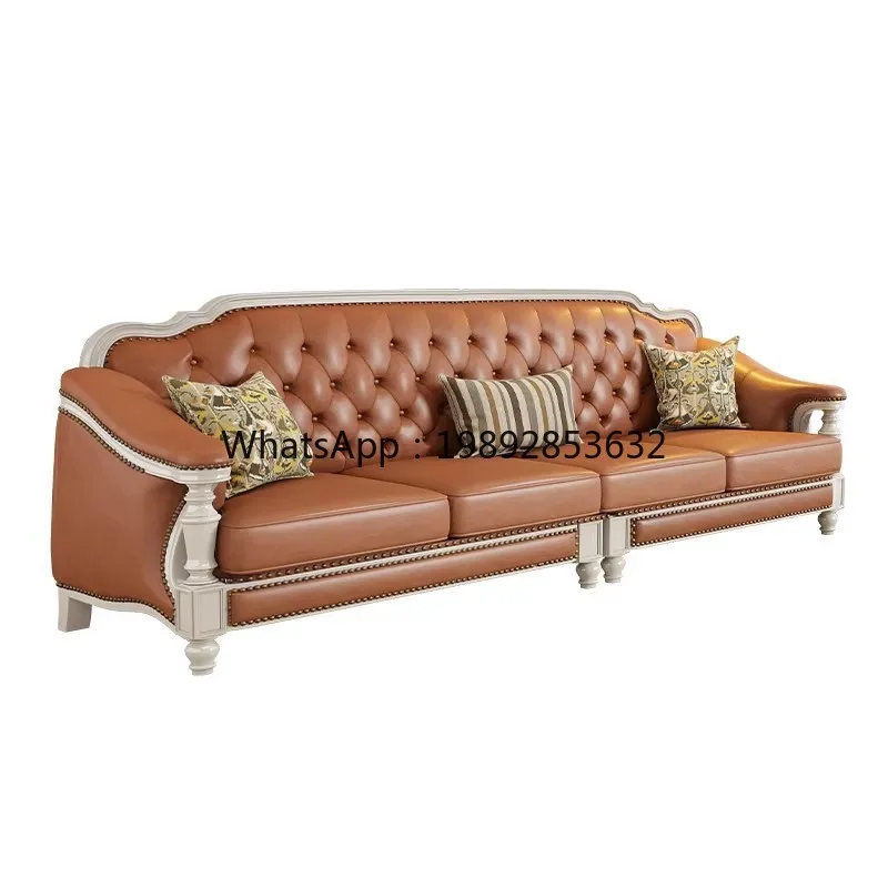 LYY White Solid Wood Genuine Leather Sofa Top  Cowhide 123 Combination Simple and  Living Room Villa Furniture Four-Seater