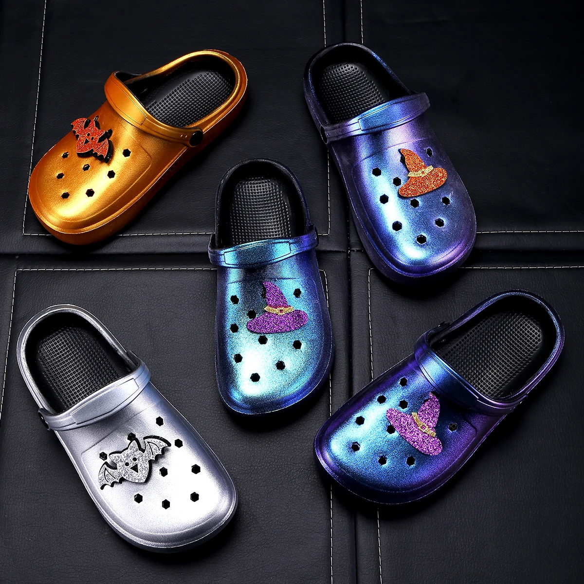 Halloween themed stylish garden clogs with sequined charms, fashionable slip-on sandals, unisex garden shoes for the holidays