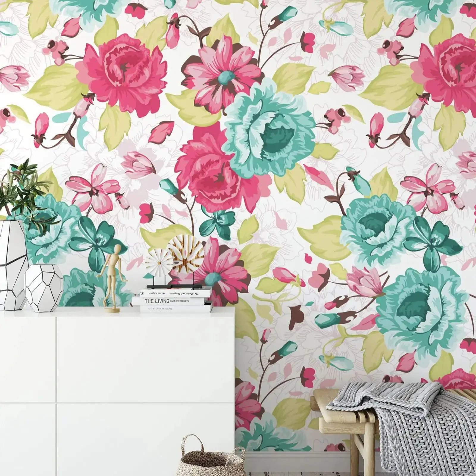 Abstract Turquoise and Pink Floral Wallpaper,Botanical Floral Garden Peel & Stick Wall Mural, Self Adhesive Or Tradition Papers