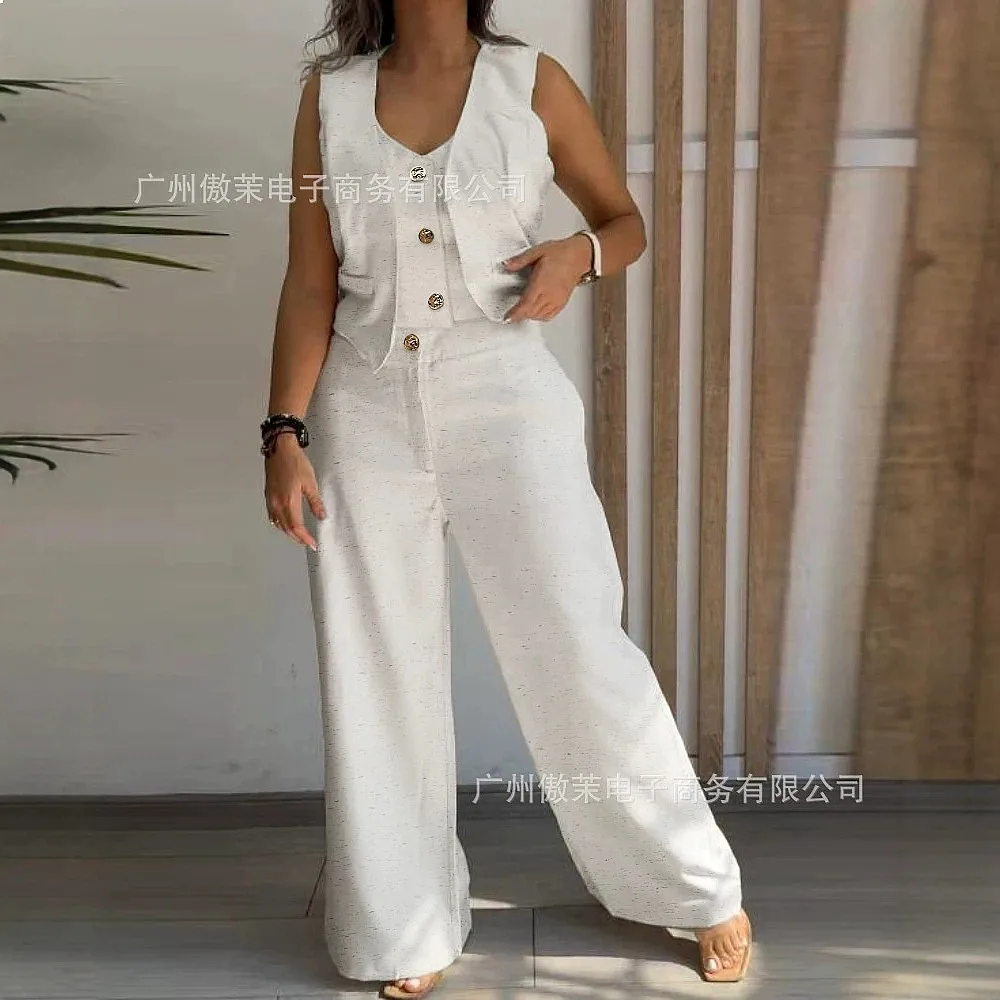 Metal Button Vest Top & Pants Set Women Casual 2 Piece Matching Set Sleeveless Jumpsuit Playsuit