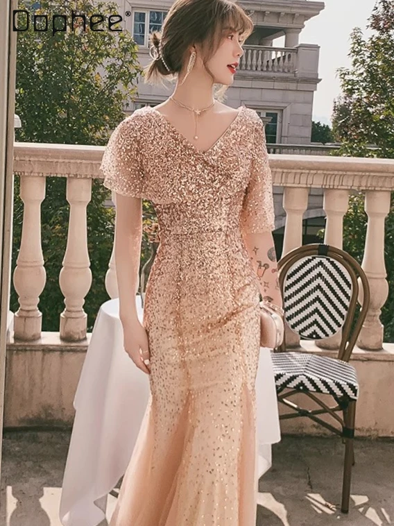 

Champagne Color Elegant Socialite Evening Dresses Women High-End Light Luxury Graceful Off-Shoulder Slim Fit Mid-Length Dress