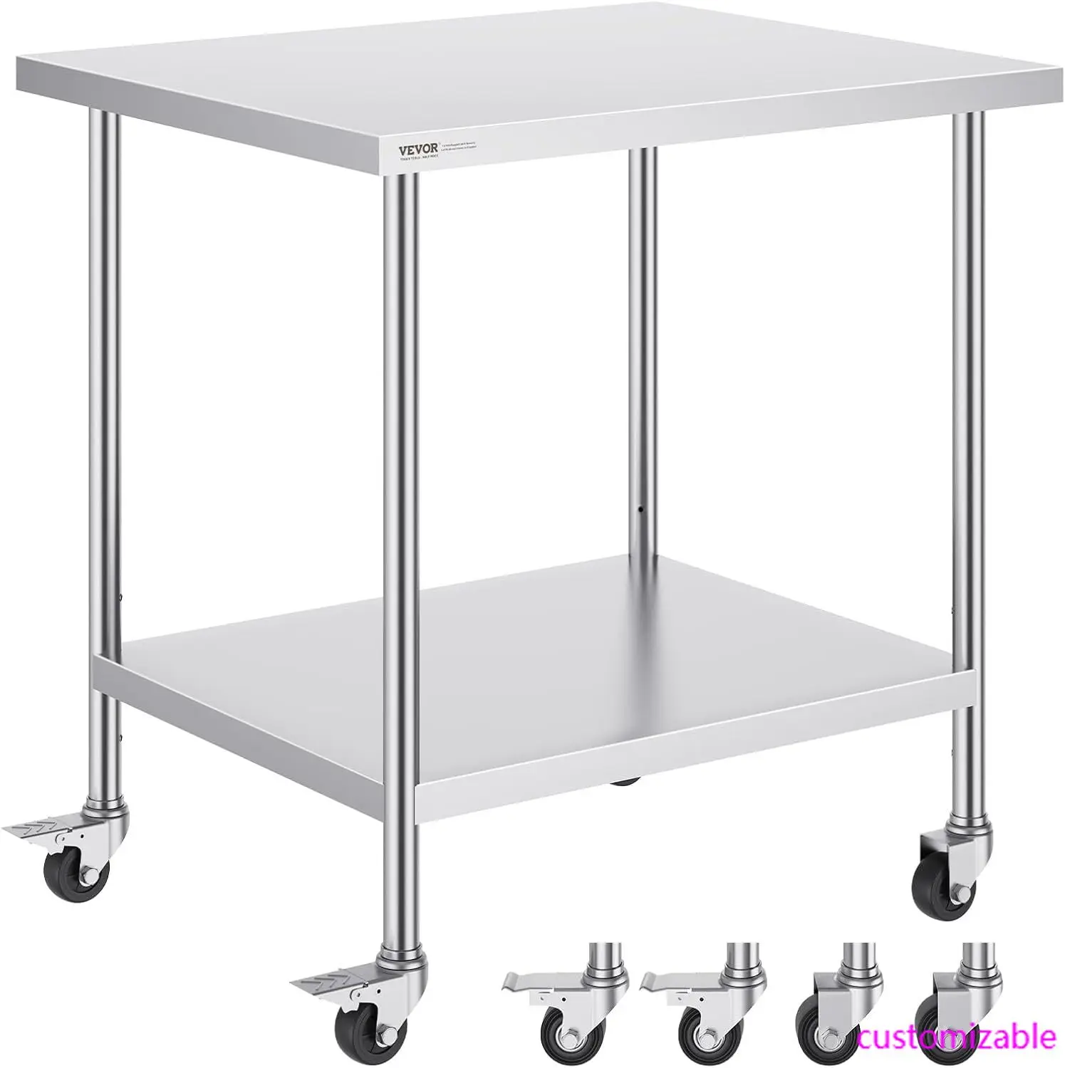 Table de travail en acier inoxydable 30x36x38 pouces, avec 4 roues, 3 niveaux de hauteur réglables, table de travail robuste pour la préparation des aliments